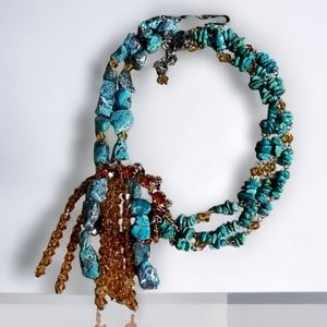 Repurposed Hand Crafted Vintage Brooch Turquoise Amber Necklace